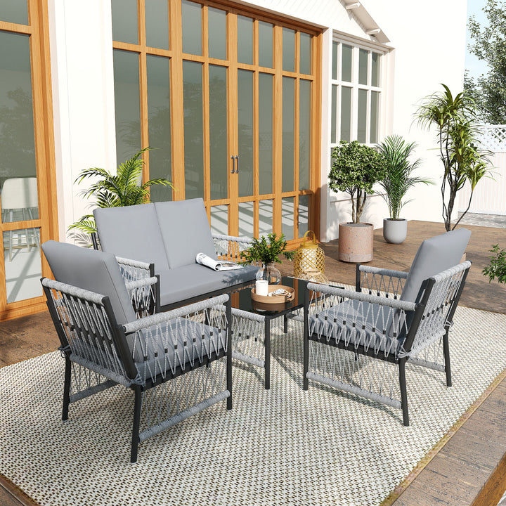 4 Piece Rattan Garden Furniture Set, 4 Seater Wicker Patio Conversation Set with 2 Armchairs, Loveseat, Glass Top Coffee Table and Cushions for Outdoor, Balcony, Grey