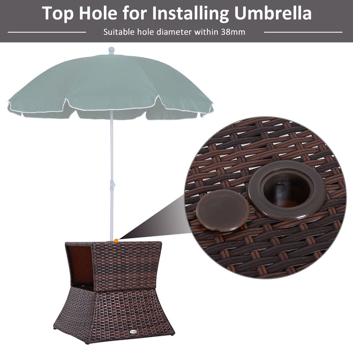 Outsunny Outdoor Patio Rattan Wicker Coffee Table Bistro Side Table w/ Umbrella Hole and Storage Space, Brown | Aosom UK