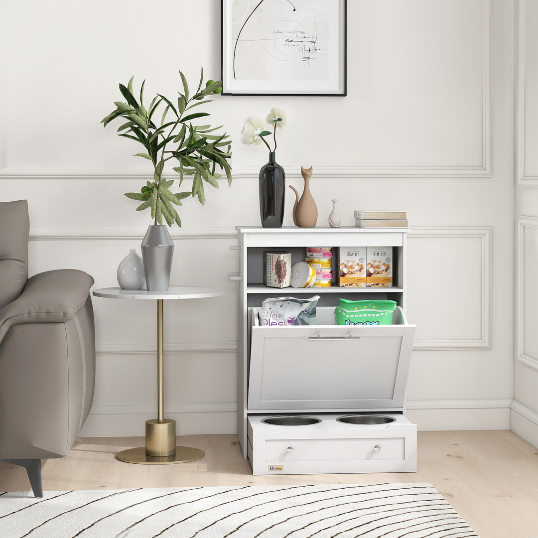 MCL Pet Feeder Station, Dog, Cat Storage Container, with Raised Bowls, Hanger, Cabinet - White