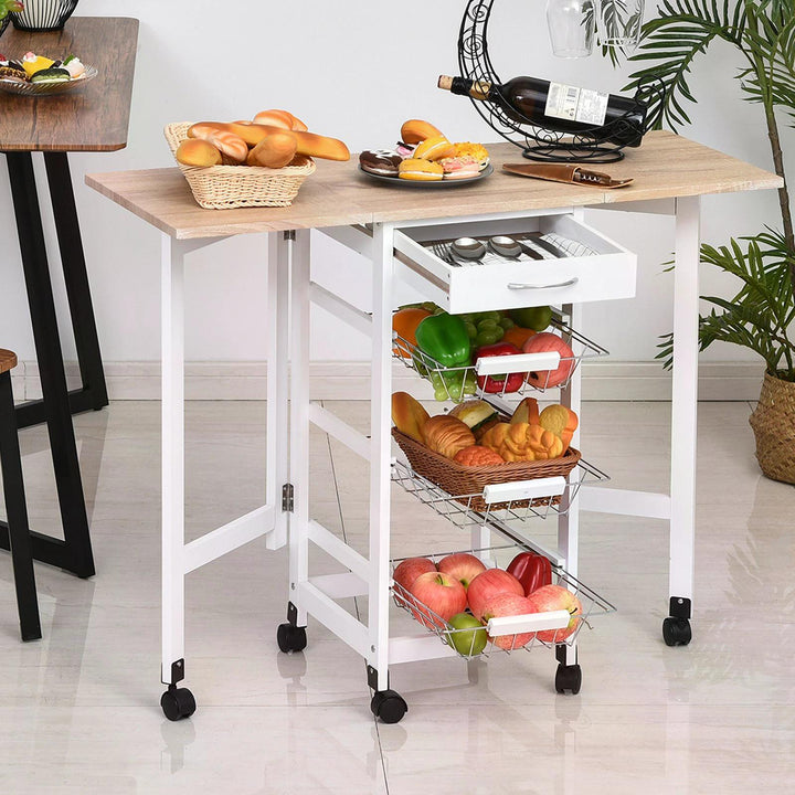 HOMCOM Drop-Leaf Kitchen Trolley w/ 3 Baskets Drawer Surface Top 6 Wheels Rolling Storage Unit Kitchen Home Dining Cart White Oak Tone | Aosom UK