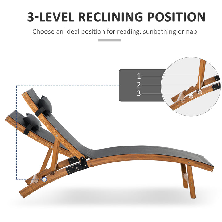 MCL Ergonomic Patio Lounge Chair Wooden Outdoor Chaise w/ 3 Adjustable Back and Removable Headrest Pillow for Garden Black