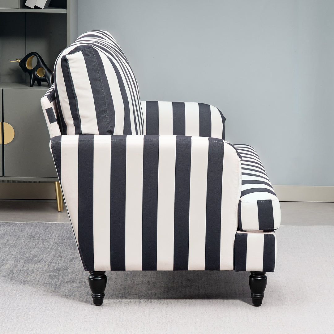 Modern Cuddle Chair, Velvet Single Sofa Armchair with Stripe, Turned Legs and Wide Seat, Upholstered Snuggle Chair for Living Room, Bedroom, Black and White
