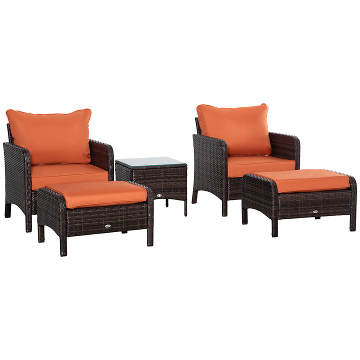5 Pieces PE Rattan Garden Furniture Set with 10cm Thick Padded Cushions, Wicker Weave Outdoor Seating Chairs with 2 Armchairs, 2 Stools, Glass Top Table, Brown