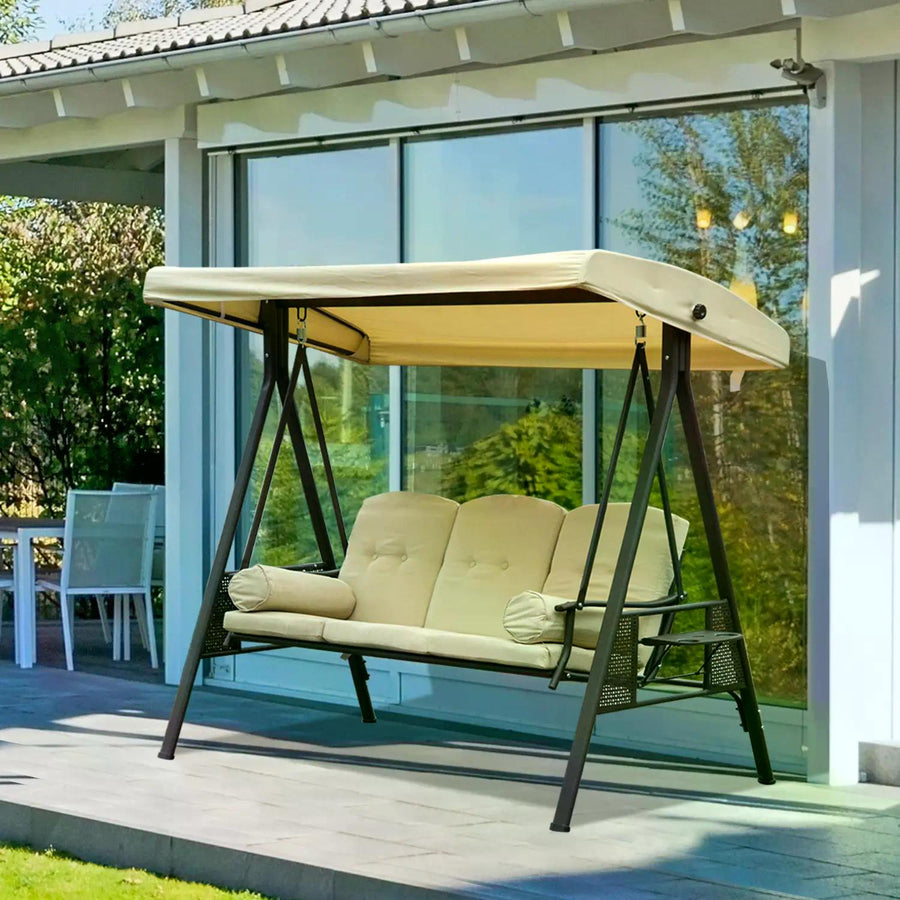 Swing Chair Hammock Chair 3 Seater Canopy Cushion Shelter Outdoor Bench Steel Beige