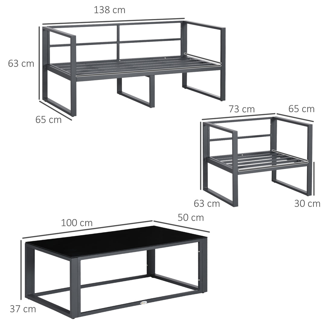 Outsunny 4 Pieces Garden Sofa Set 2 Single Armchair 1 Bench & Side Table Set Aluminium Frame Patio Furniture with Cushions Grey