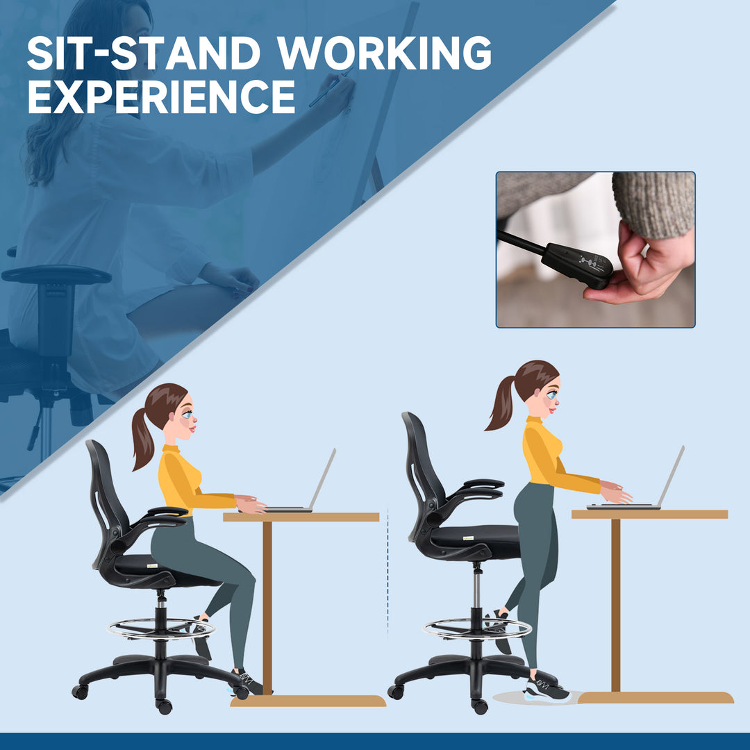 Adjustable Mesh Standing Desk Chair with Flip-up Armrests Lumbar Support Armrests Adjustable Footrest Ring Black