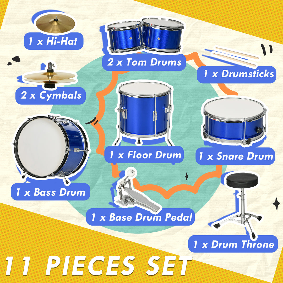 AIYAPLAY 11 Piece Kids Drum Kit w/ Stool, Drumsticks, Pedal, Cymbals, for 3-6 Years, Blue