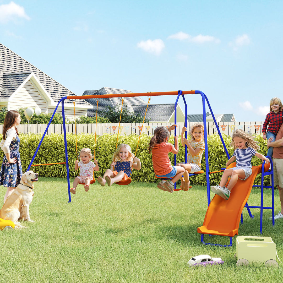 Four-In-One Metal Garden Swing Set, with Double Swings, Glider, Slider, Ladder - Orange and Blue