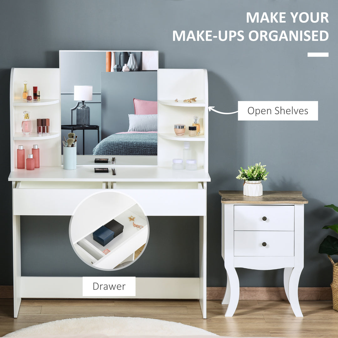 MCL Modern Dressing Table Writing Desk W/ Mirror, Big Drawers, 2-Tier Open Shelf For Home Bedroom White