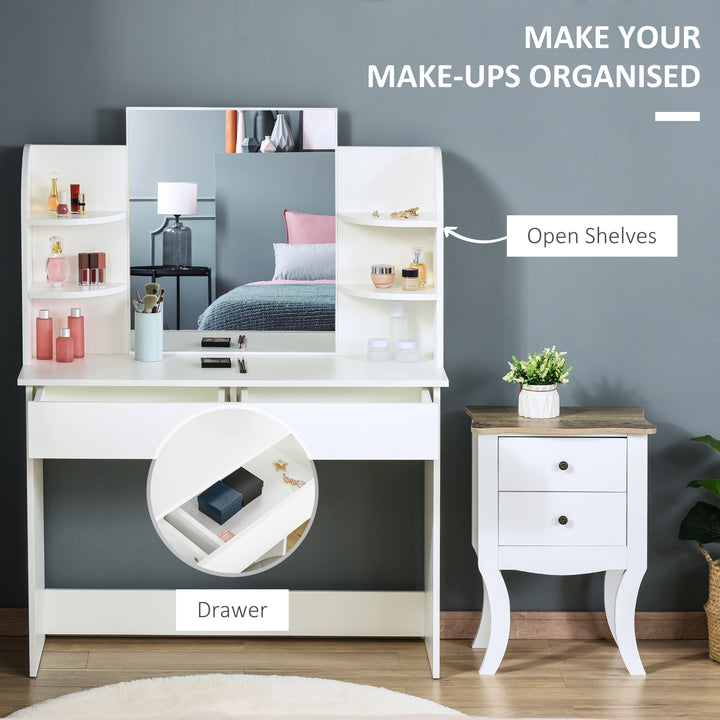 MCL Modern Dressing Table Writing Desk W/ Mirror, Big Drawers, 2-Tier Open Shelf For Home Bedroom White