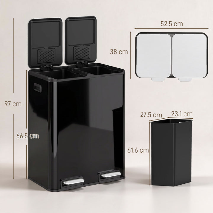 2 x 30L Double Kitchen Bin, Stainless Steel Pedal Rubbish Bin with - view 3