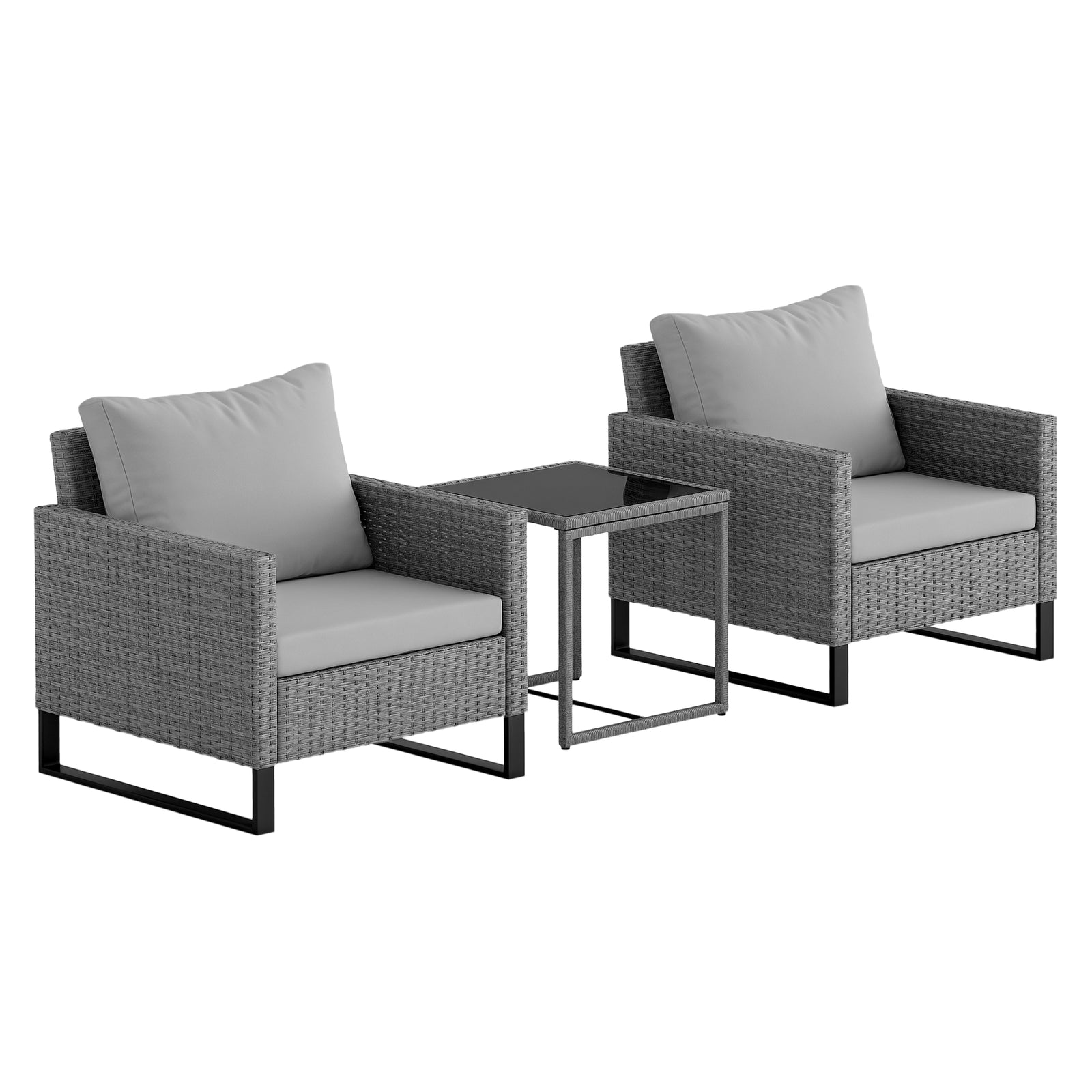 3 Pieces Rattan Bistro Set with 4 Cushions, Wicker Garden Furniture Set, Glass Top Coffee Table and Chairs for Outdoor Patio, Balcony, Terrace and Conservatory, Grey