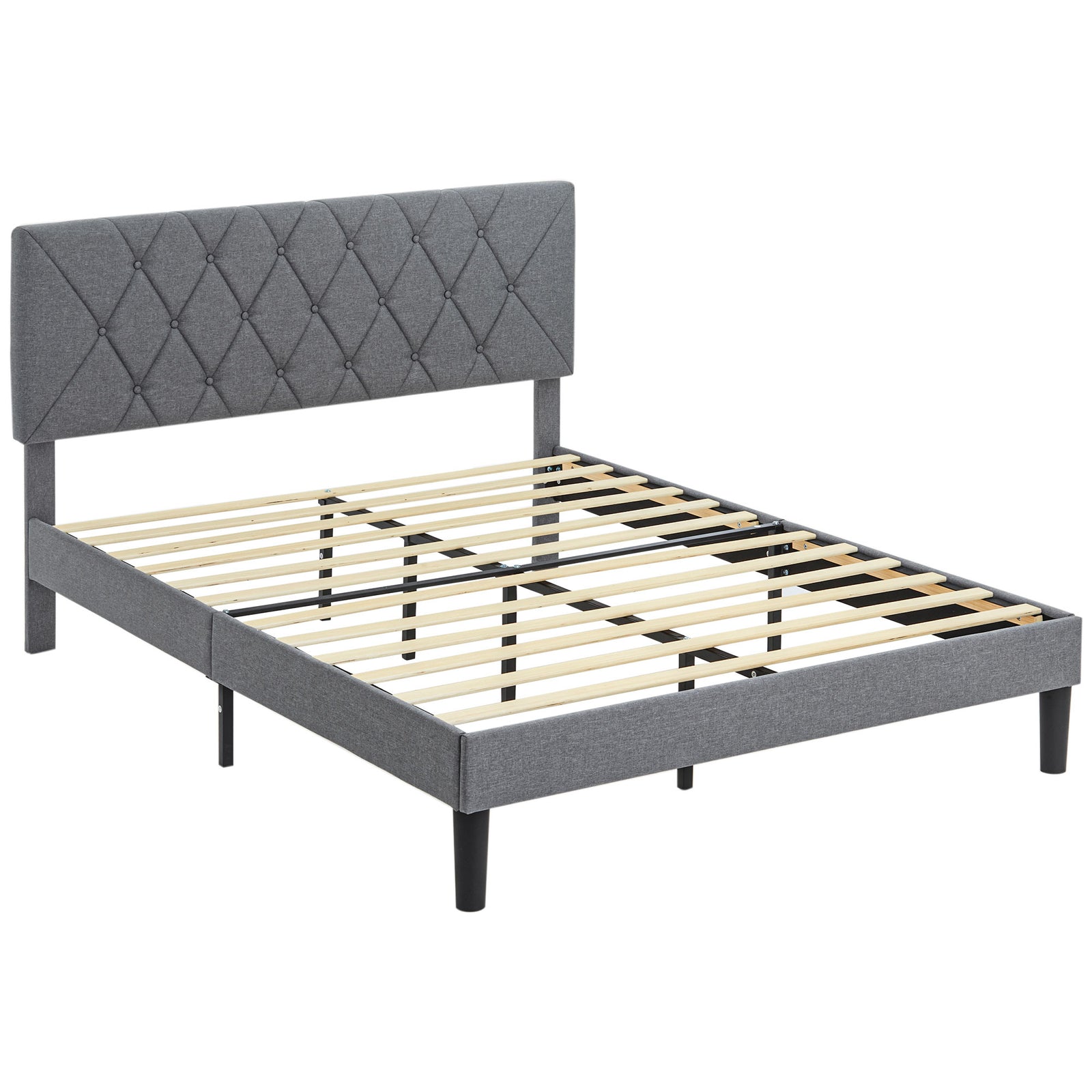Double Bed Frame with 5-Level Adjustable Linen Upholstered Headboard, Wooden Slats Mattress Foundation, No Box Spring Needed, Grey