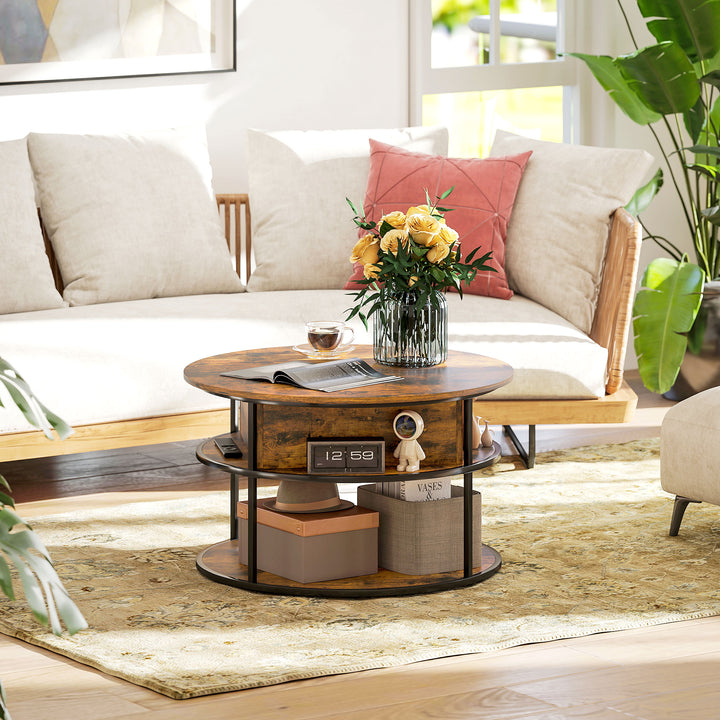 Lift Top Coffee Table, Round Coffee Table with Storage Shelf, Hidden Compartment and Steel Frame for Living Room, Home Office, Brown