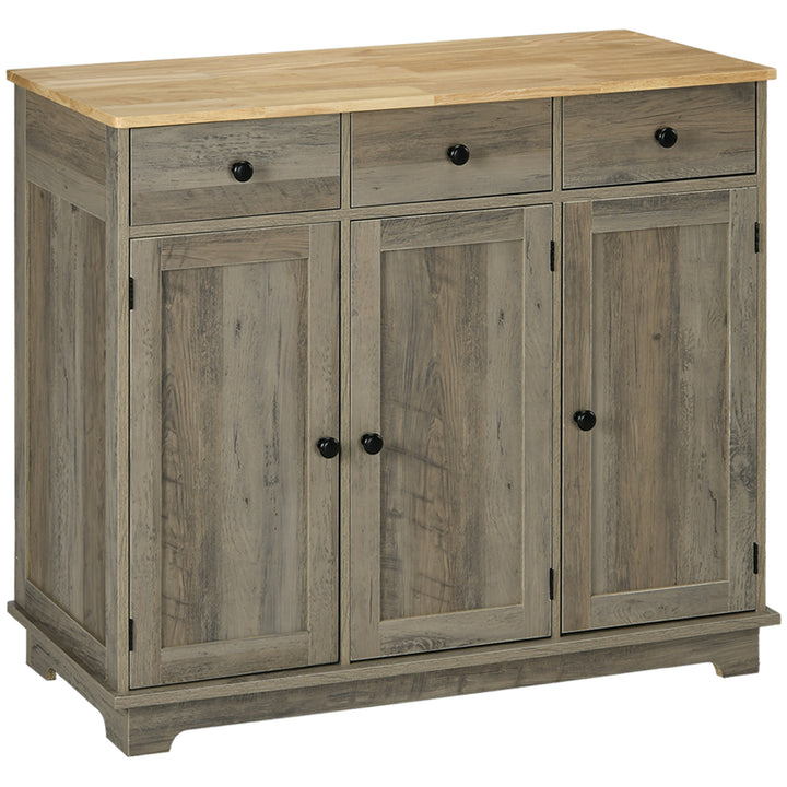 Sideboard with Rubber Wood Top, Modern Storage Cabinet, Kitchen Cupboard with 3 Doors, 3 Drawers and 3 Adjustable Shelves for Dining Room, Living Room, Grey Wood-Effect