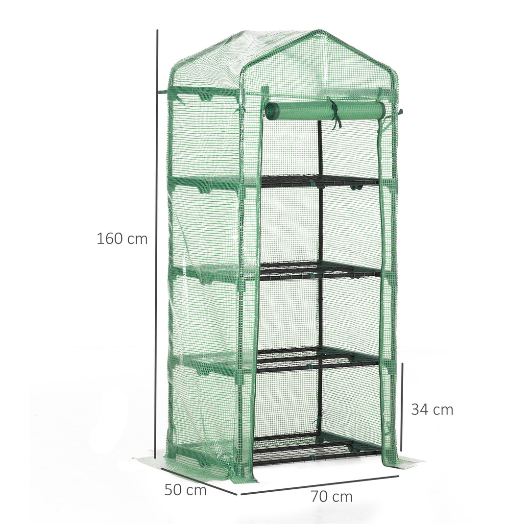 4 Tier Mini Greenhouse, Portable Compact Green House with Steel Frame, PE Cover, Roll-up Door, 70 x 50 x 160 cm, Green
