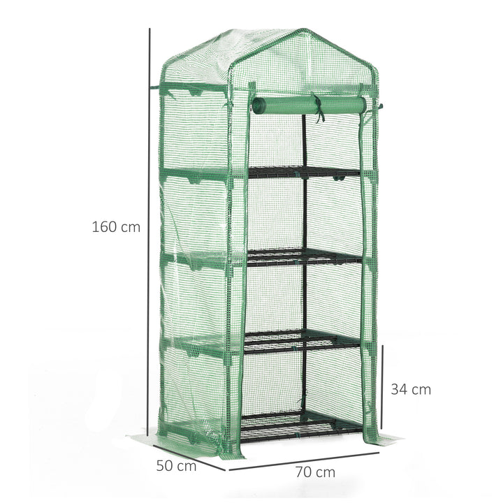 4 Tier Mini Greenhouse, Portable Compact Green House with Steel Frame, PE Cover, Roll-up Door, 70 x 50 x 160 cm, Green