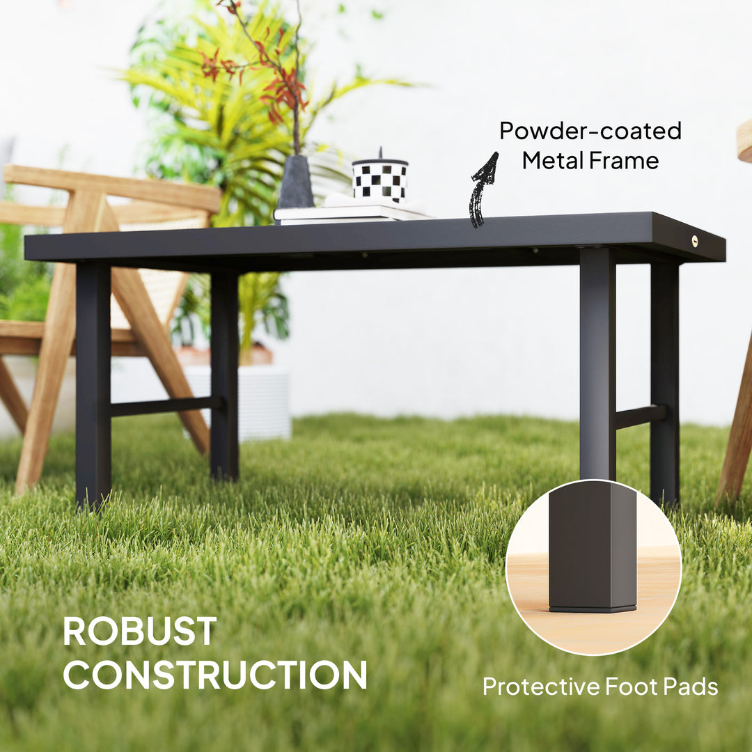 Metal Garden Coffee Table, Outdoor Side Table with SPC Woodgrain Tabletop for Outside, Garden, Balcony, Porch, 100 x 53 x 46cm, Brown Wood Effect