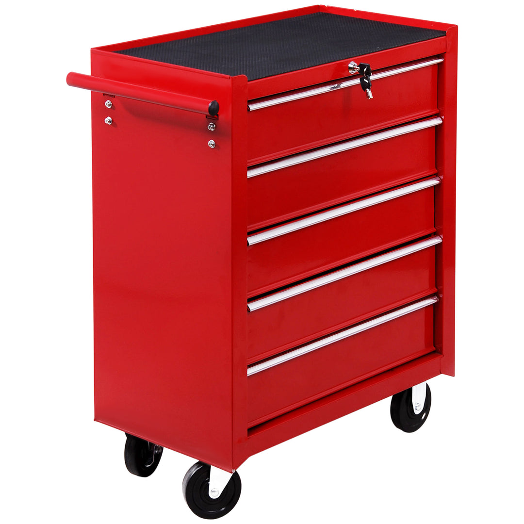 MCL 5 Drawer Tool Box on Wheels, Lockable Steel Tool Cabinet with Side Handle, Red