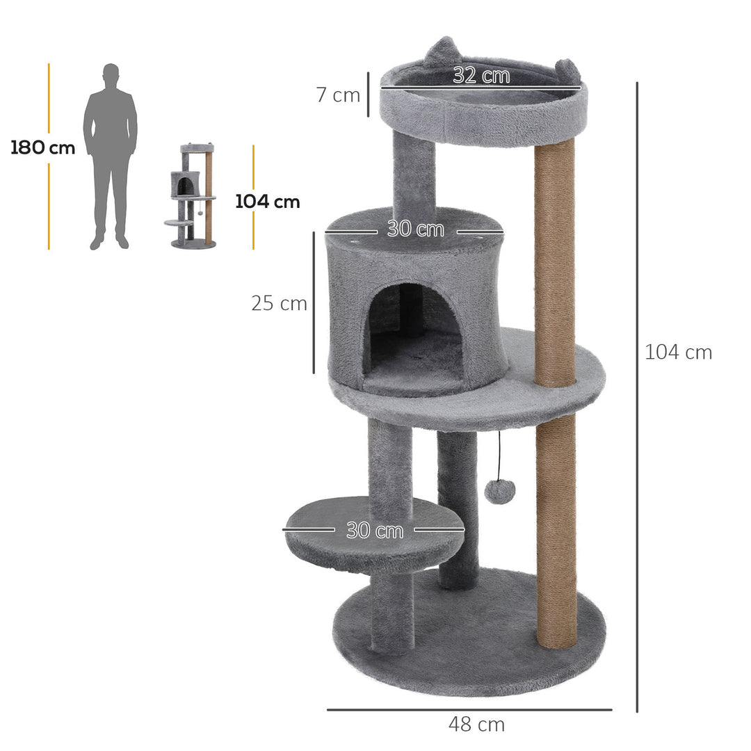 PawHut Deluxe Cat Tree with 3-Tier, Scratching Posts, Play Ball, and Plush Toy for Climbing and Relaxing, Grey | Aosom UK