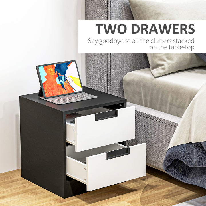 HOMCOM Set of 2 Bedside Cabinets with Dual Drawers, Modern Nightstands for Bedroom Storage, Living Room Accent Furniture, White and Black. | Aosom UK