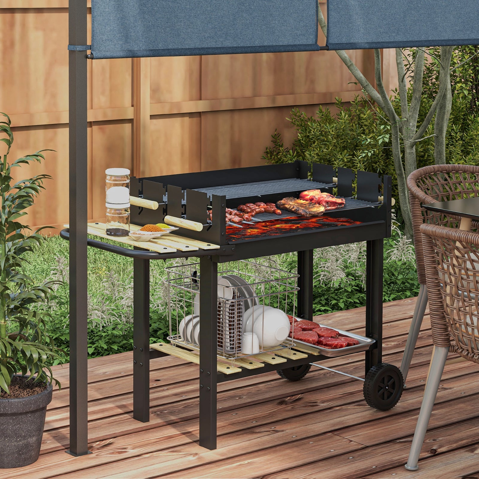 Charcoal BBQ Grill, Barbecue Trolley with Double Adjustable Grill, Sid