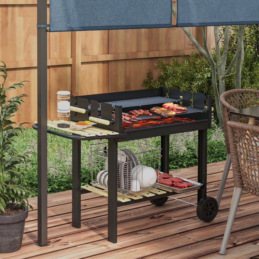 Charcoal BBQ Grill, Barbecue Trolley with Double Adjustable Grill, Side Table, Storage Shelf and Wheels for Outdoor Garden Party Cooking, Black