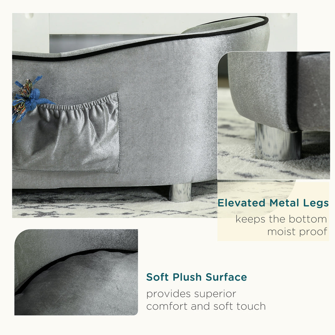 Dog Sofa Pet Chair, Kitten Bed Couch w/ Wooden Frame, Removable Cushion - Silver-Tone and Grey