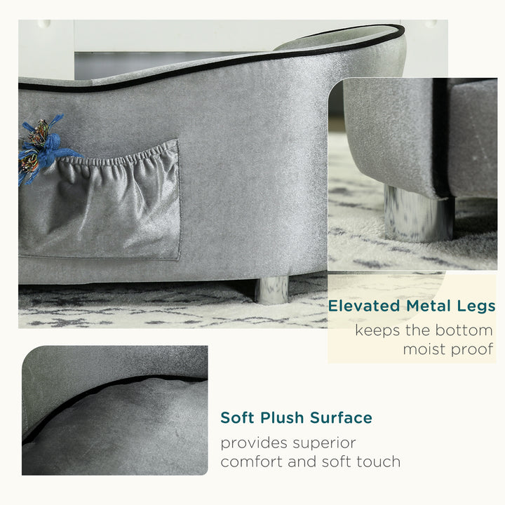 Dog Sofa Pet Chair, Kitten Bed Couch w/ Wooden Frame, Removable Cushion - Silver-Tone and Grey