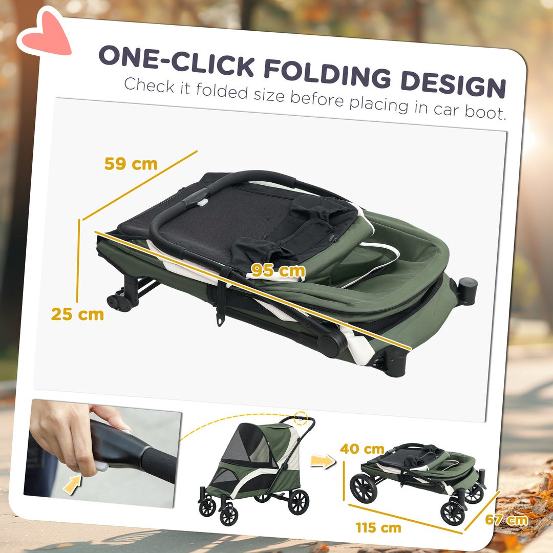 Foldable Pet Stroller for Large Dogs with Four Big Wheels, Shock-Absorbing Frame, Safety Leashes, Brakes, Dark Green