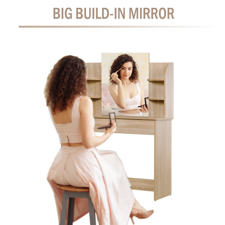 Modern Dressing Table Writing Desk W/ Mirror, Big Drawers, 2-Tier Open Shelf For Home Bedroom Natural