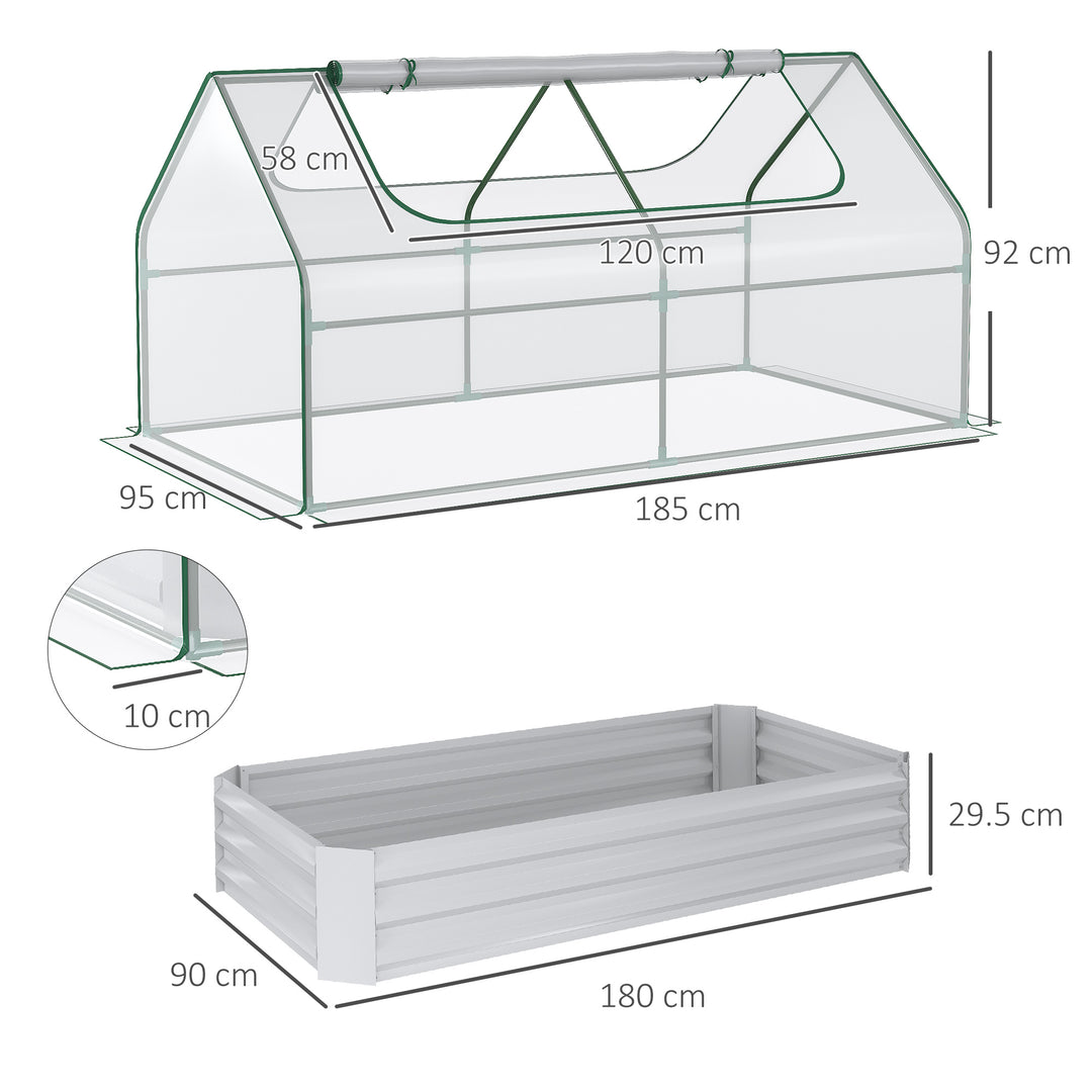 Raised Garden Bed with Greenhouse, Steel Planter Box with Plastic Cover, Roll Up Window, Dual Use for Flowers, Vegetables, Fruits and Herbs, 185L x 95W x 92H cm, Clear