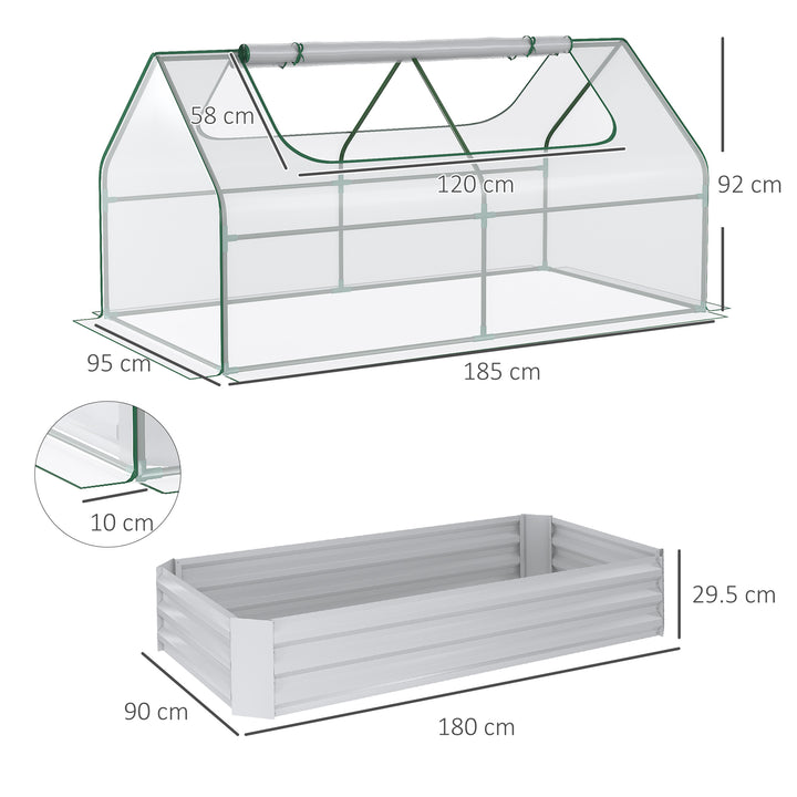 Raised Garden Bed with Greenhouse, Steel Planter Box with Plastic Cover, Roll Up Window, Dual Use for Flowers, Vegetables, Fruits and Herbs, 185L x 95W x 92H cm, Clear
