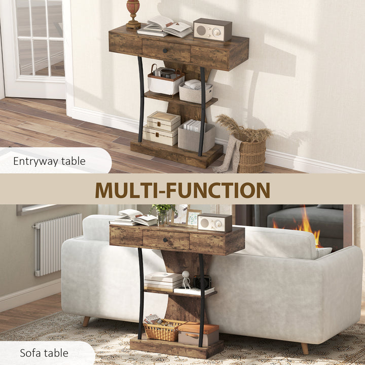 Console Table, 3-Tier Industrial Hallway Table with Drawer, Storage Shelves, 91 x 32 x 87 cm