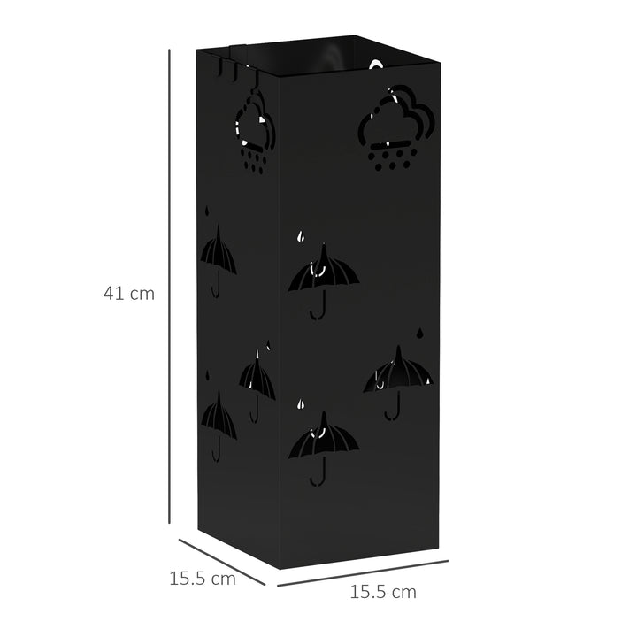 Metal Umbrella Stand, Square Umbrella Holder with Removable Drip Tray and 4 Hooks, Decorative Umbrella Storage Rack for Hallway, Entryway, 15.5 x 15.5 x 41 cm, Black