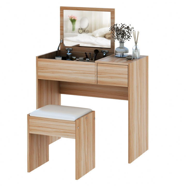 HOMCOM Dressing Table Set with Cushioned Stool, Flip-up Mirror, and Drawer in Wood Grain Finish | Aosom UK