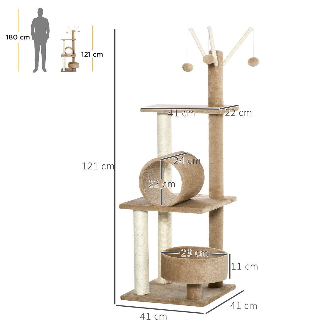 PawHut Cat Tree Tower, 121cm Kitten Activity Centre with Scratching Post, Bed Tunnel Perch, Interactive Ball, Brown | Aosom UK