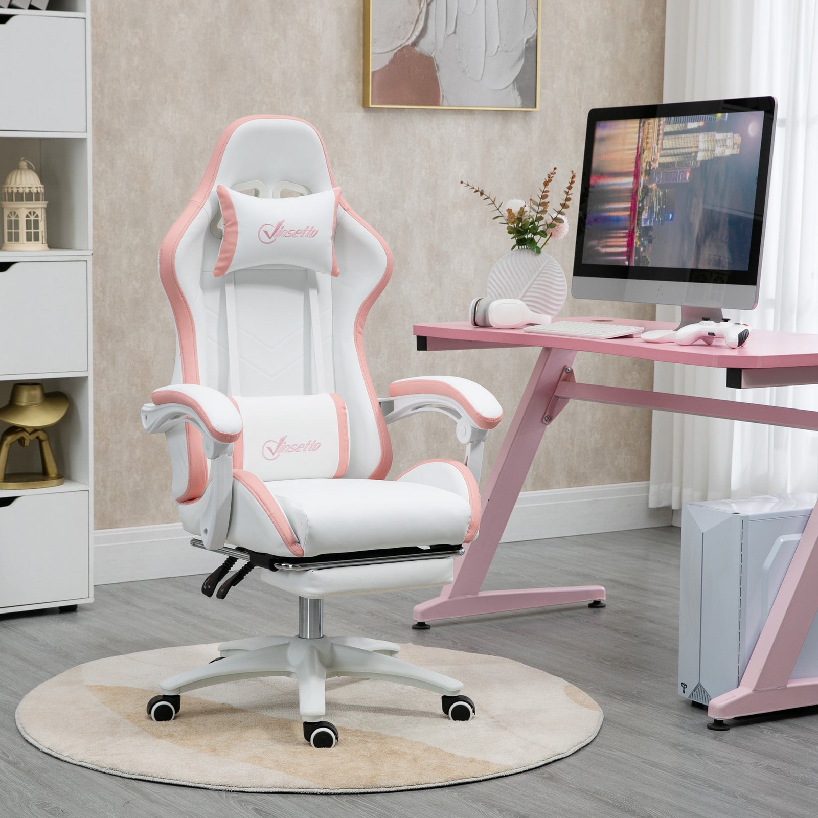 Computer Gaming Chair, PU Leather Office Desk Chair with Footrest, Swivel Wheels, 135° Reclining Back, Lumbar Support, Headrest for Home, White and Pink