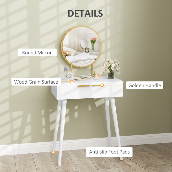 Elegant Dressing Table, with Round Mirror, 60 x 40 x 123 cm - White