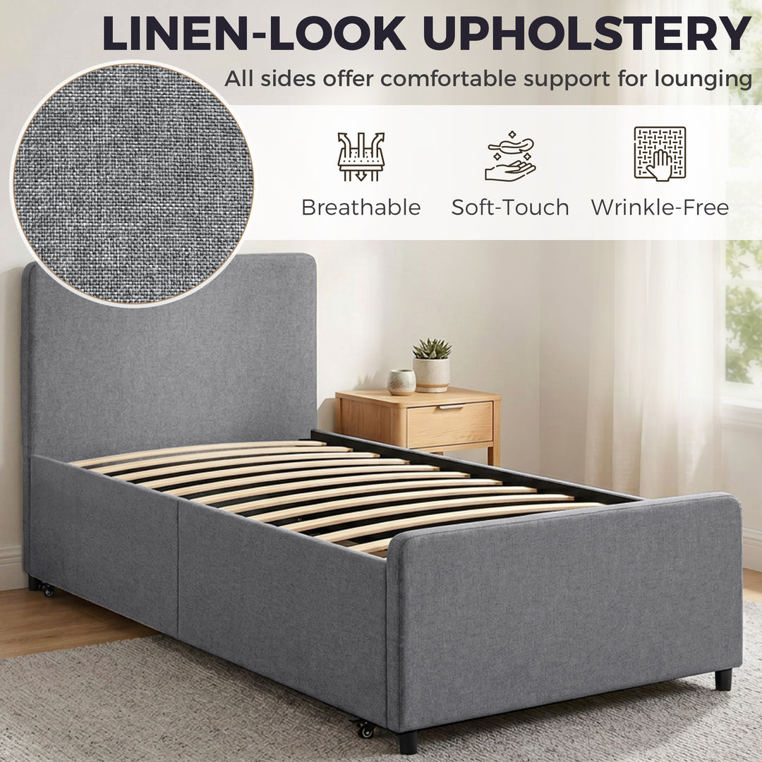 3ft Single Bed Frame with Trundle, Upholstered Pull Out Trundle Bed wi