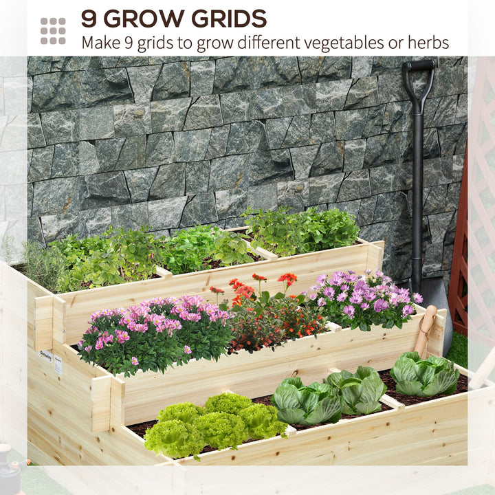 117cm x 100cm x 54cm 3 Tier Raised Garden Bed 376L Fir Wood Elevated Planter Flower Box with 9 Grow Grids and Non-woven Fabric for Vegetables, Flower, Herb Outdoor Indoor Use