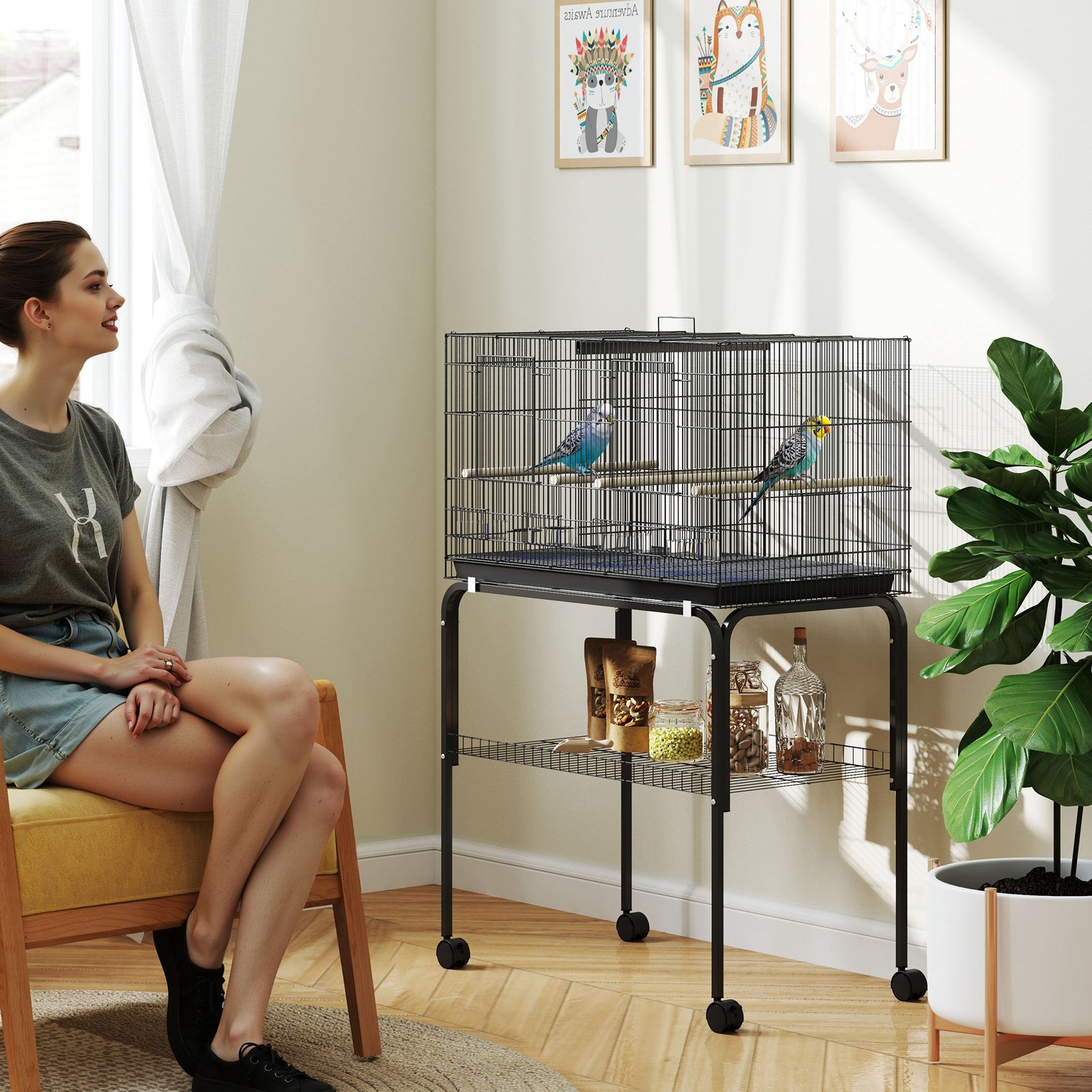 Bird Cage with Divider, 4 Wooden Perches, Slide Out Tray, 4 Feeders, for Budgie, Lovebird, Canary, 76 x 46 x 116cm Black
