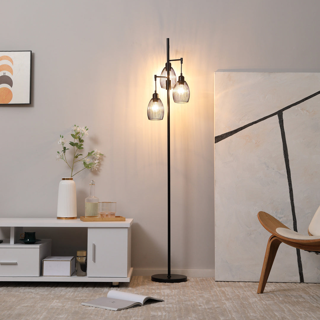 3-Light Floor Lamp, 170cm Industrial Dimmable Standing Lamp with Steel Wire Cage Lampshades for Living Room, Bedroom, Dining Room, Study, Black