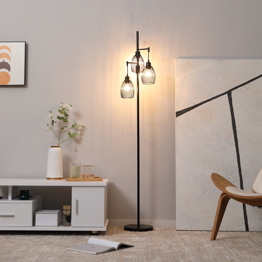 3-Light Floor Lamp, 170cm Industrial Dimmable Standing Lamp with Steel Wire Cage Lampshades for Living Room, Bedroom, Dining Room, Study, Black