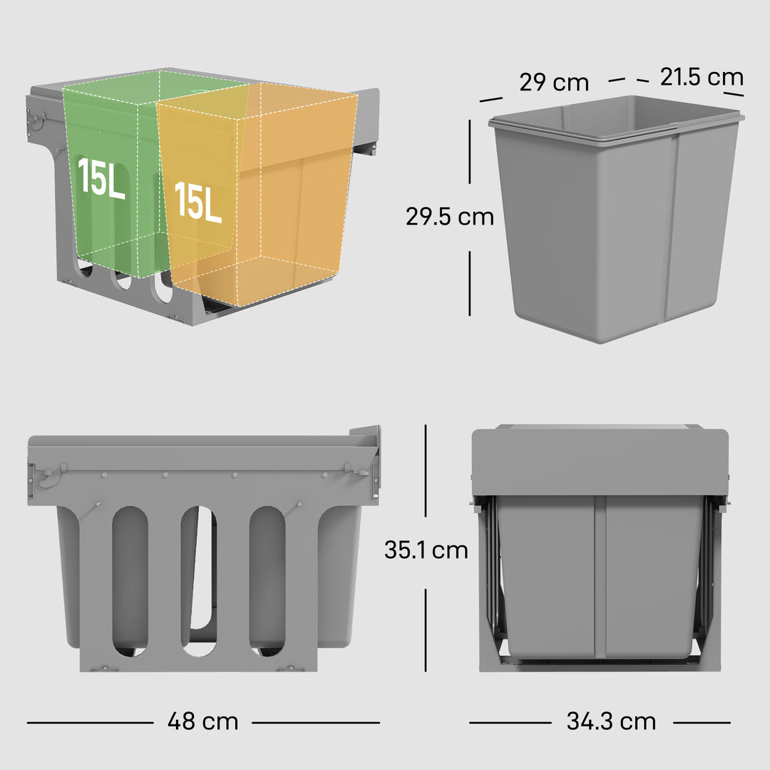 Pull Out Bin, Under Sink Bin - 2 Removable Compartments (15L Each) for 400mm Cabinets
