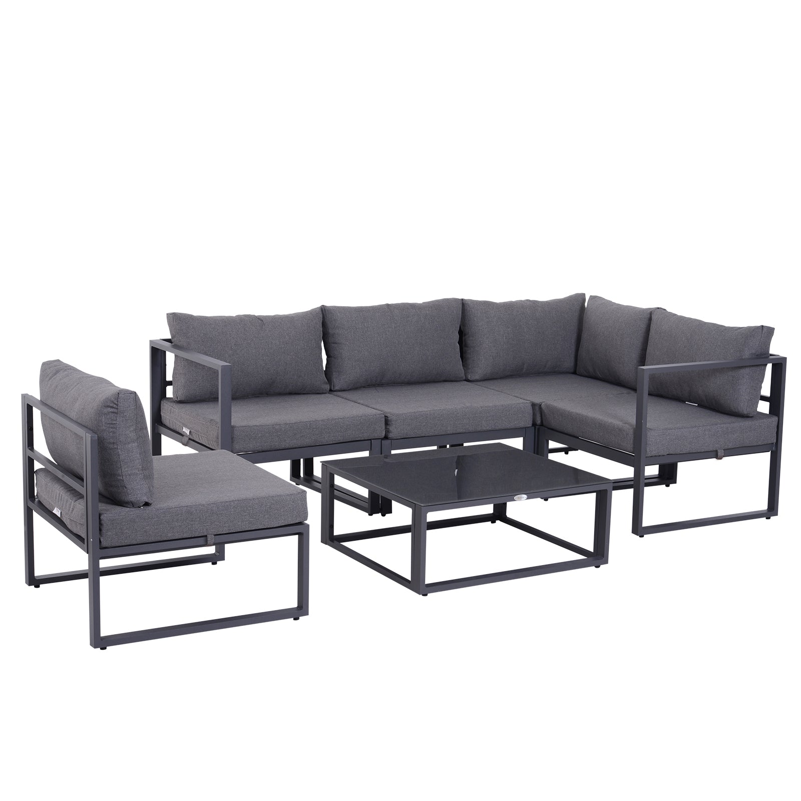 6 PCs Outdoor Indoor Sectional Corner Sofa Set Thick Padded Cushions Aluminium Frame 5 Seaters 1 Coffee Table Grey