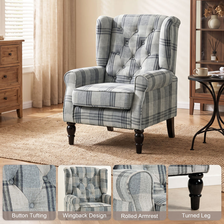 Faux Linen Armchair with Thick Spring Cushion, Wingback Accent Chair w