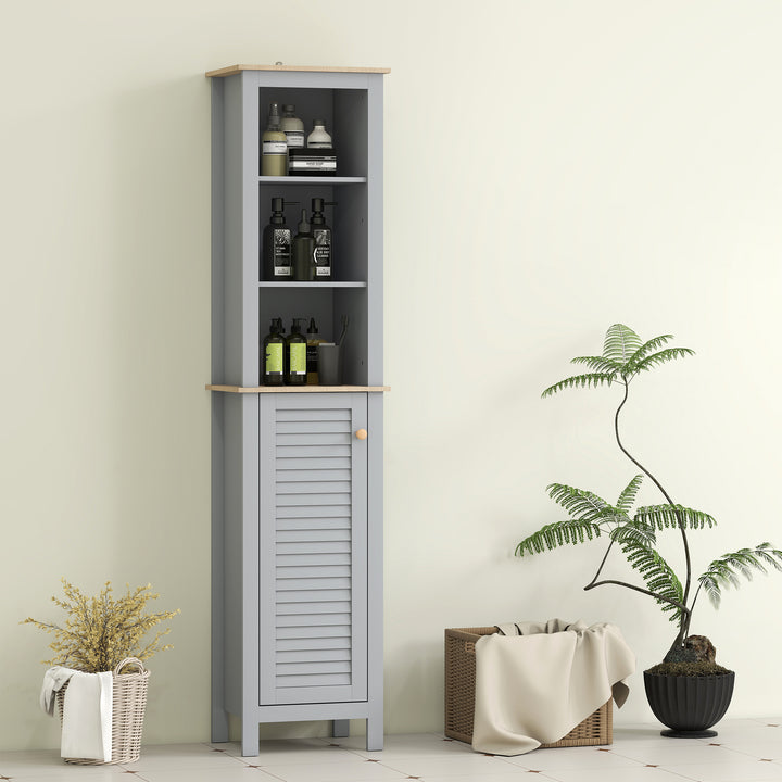 Bathroom Floor Storage Cabinet with 3 Tier Shelf and Cupboard with Door, Free Standing Linen Tower, Tall Slim Side Organizer Shelves, Grey
