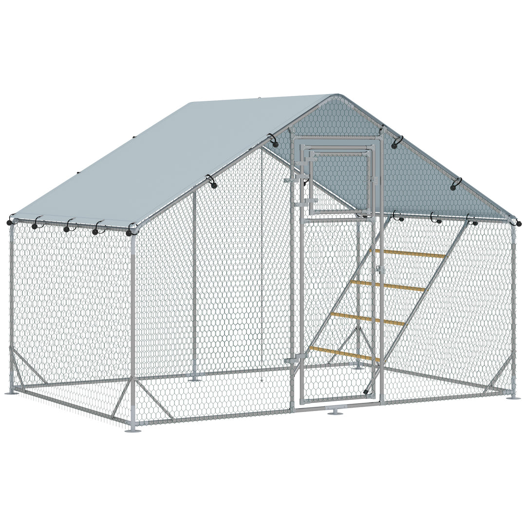 Walk-in Chicken Run w/ Cover, Feeding Door, Hanging Feeder, Perch, for 6-8 Poultry