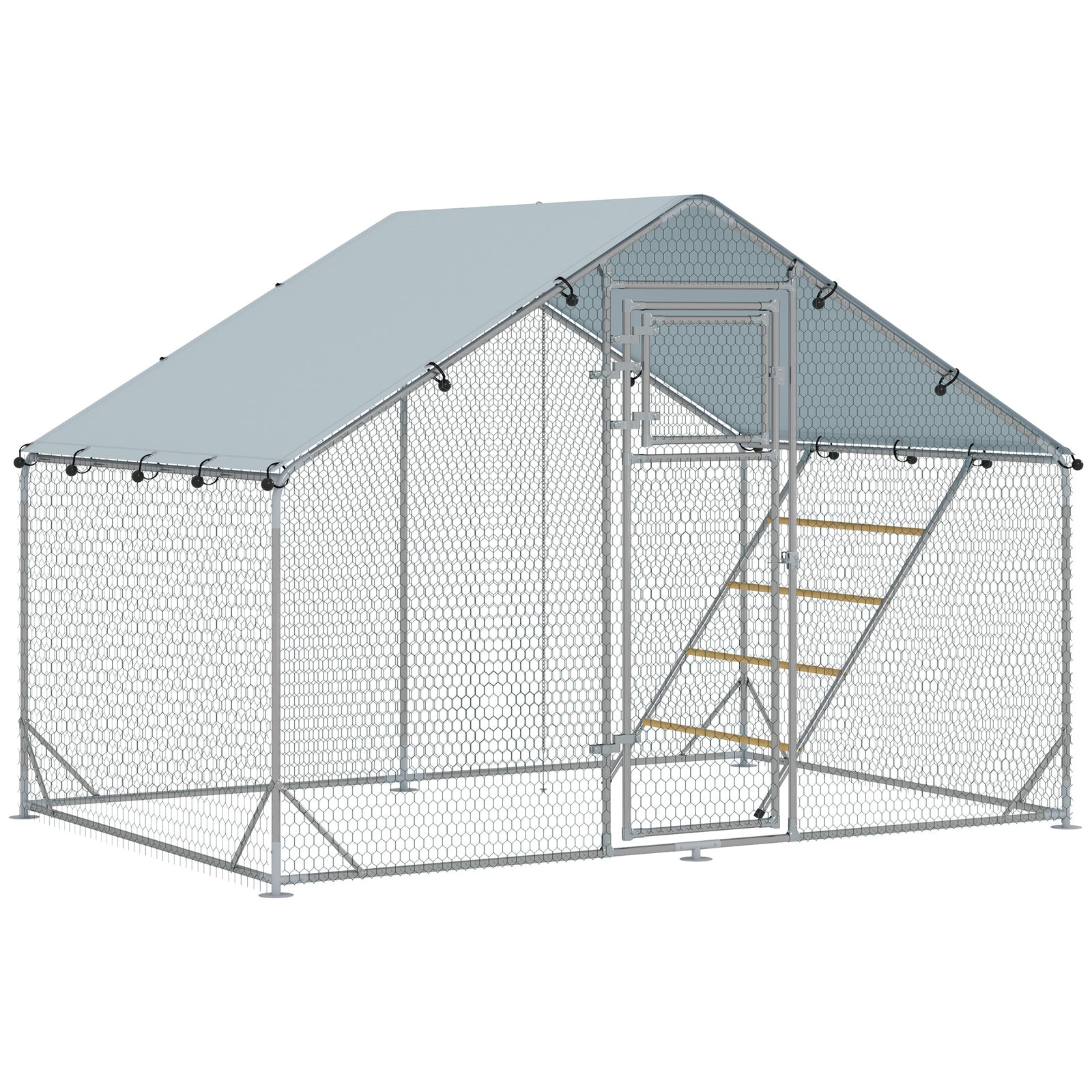 Walk-in Chicken Run w/ Cover, Feeding Door, Hanging Feeder, Perch, for 6-8 Poultry
